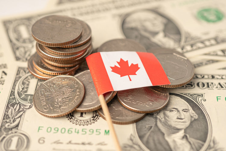 Close-up of coins and currency with canadian flag