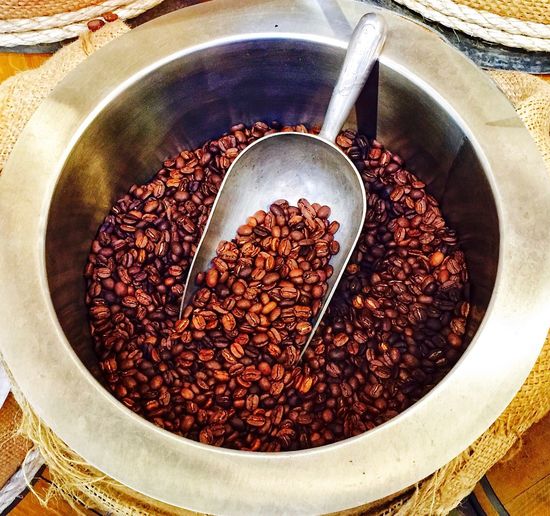 High angle view of coffee beans in container