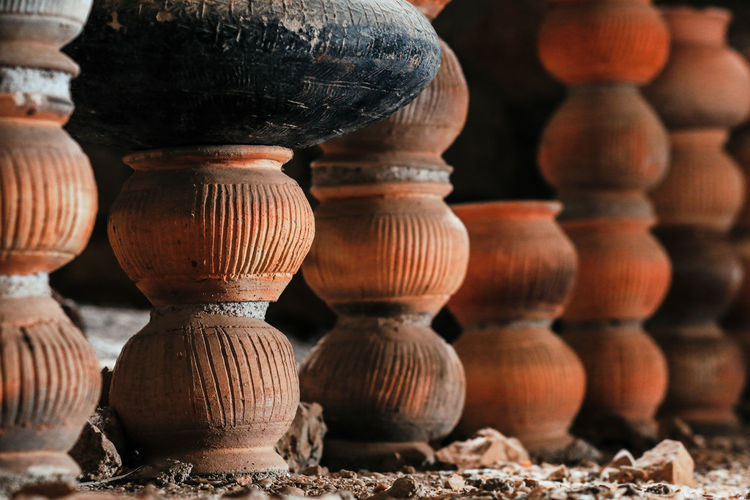 Close-up of earthenware in row for sale