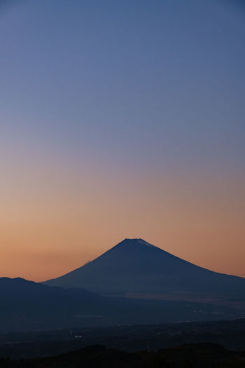 Scenic view of silhouette mt.fuji against clear sky during sunset