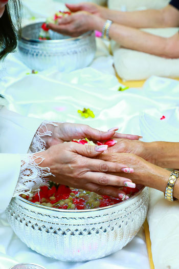 Cropped image of woman washing hands during traditional ceremony