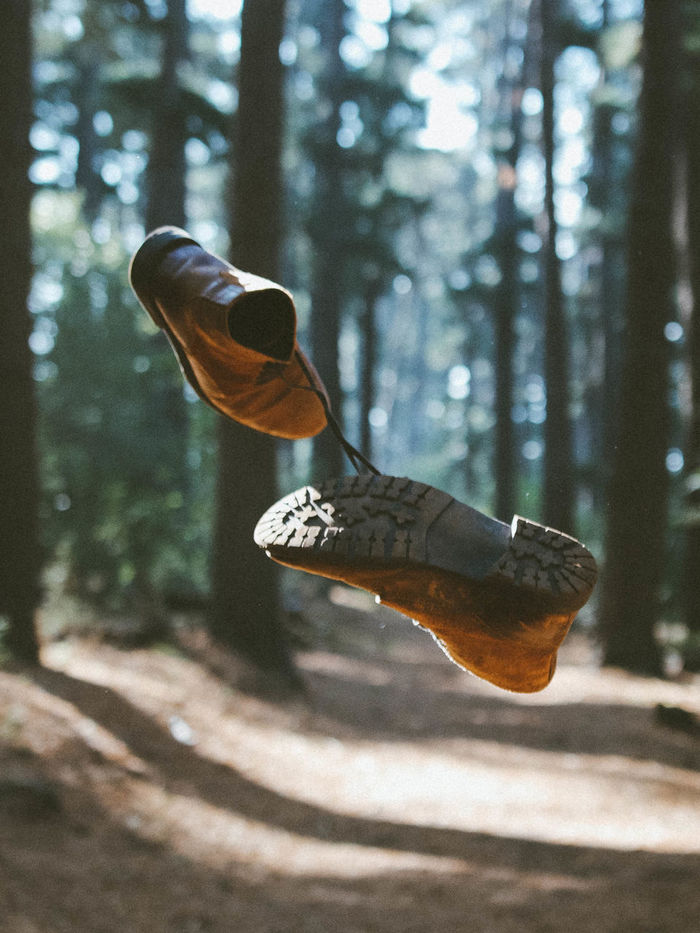 Shoes in mid-air against trees