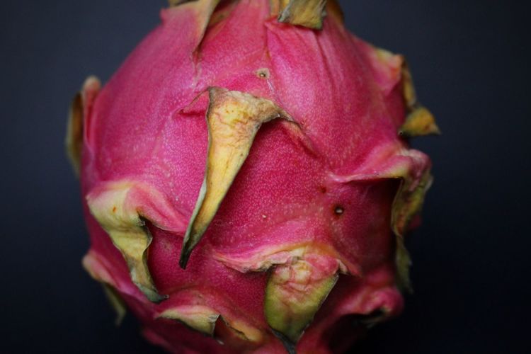 Close-up of pink dragon fruit over black background