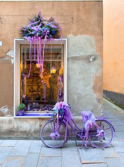Bicycle on street against storefront 
