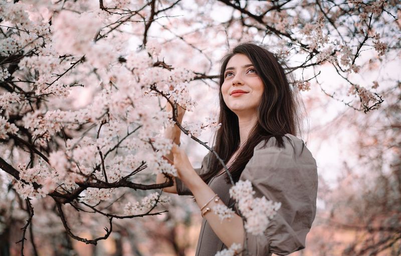 Beautiful young woman standing by cherry blossom tree