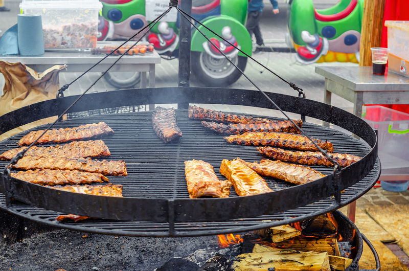 Side view of beautiful and delicious grilled ribs, festival food.