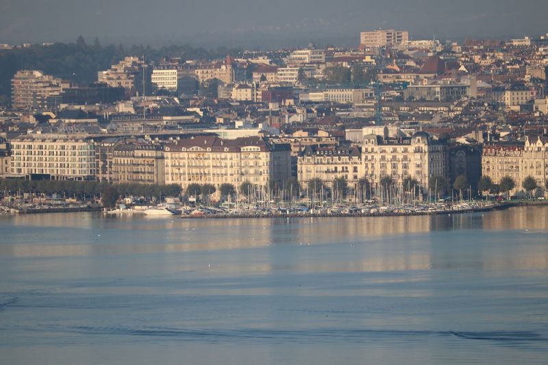 View of river and buildings in city