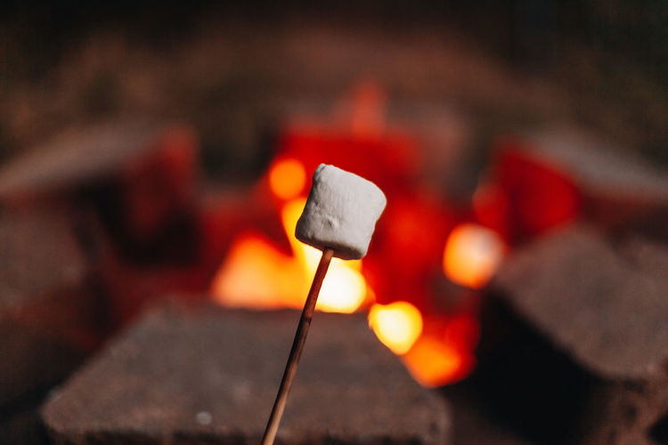 Close-up of wood on fire and stick with marshmallow 