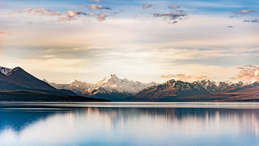 Scenic view of lake and snowcapped mountains against sky during sunset