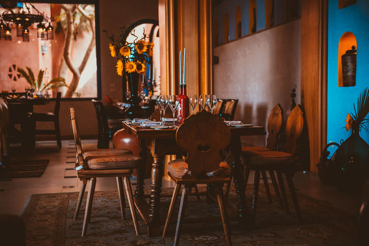 Close-up of chairs on table
