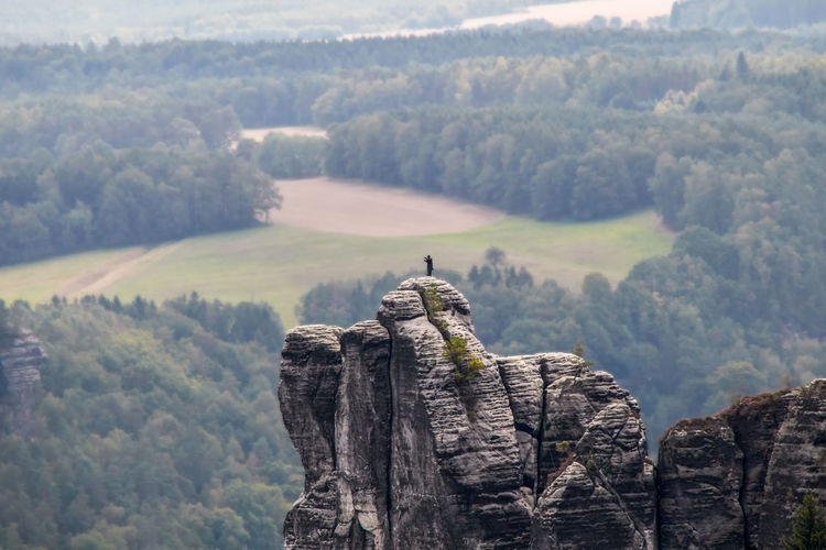Sandstone rock formation called the monk with the typical figure above, a popular climbing rock area