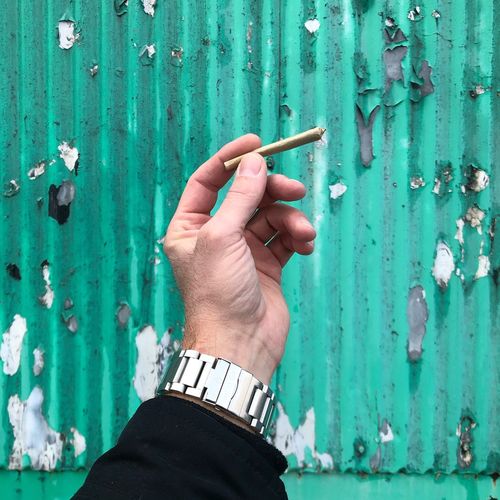 Cropped hand of man holding marijuana joint