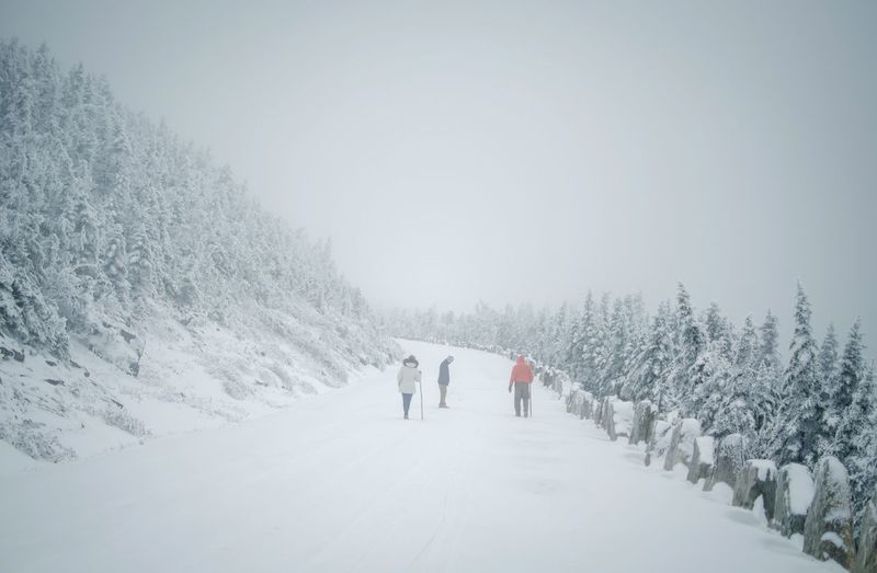 People on snow covered landscape against sky