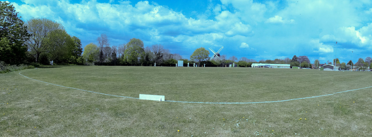 Panoramic view of soccer field against sky