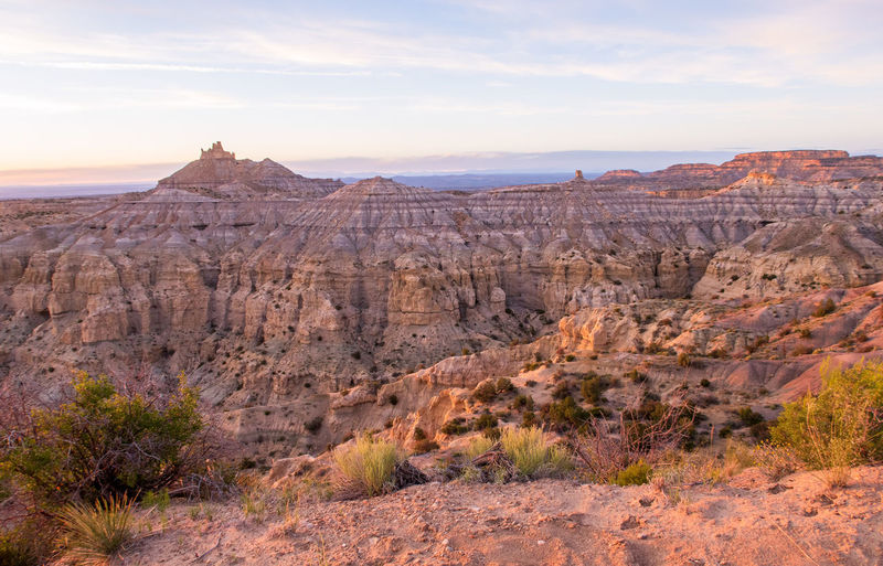 Landscape of massive rock formation at sunset in angel peak wilderness in new mexico