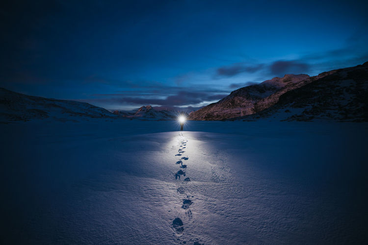 a late night climb. find more travel inspiration at http://www.instagram.com/simonmigaj Climb Mountain Mountaineering Dusk Dark People Man Hiking Dark Mood Moody Blue Breadstick Head Torch Adventure Landscape Lake Scenics Mountain Outdoors Tranquil Scene Blue Cold Temperature Nature Adventure Winter Sunset Colour Your Horizn Go Higher