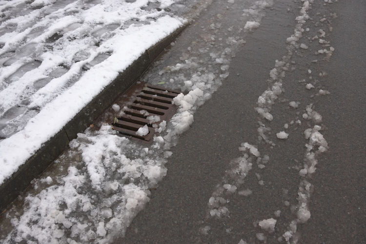 Urban tarmac road and sidewalk covered in heavy snow that is beginning to thaw. surface drain