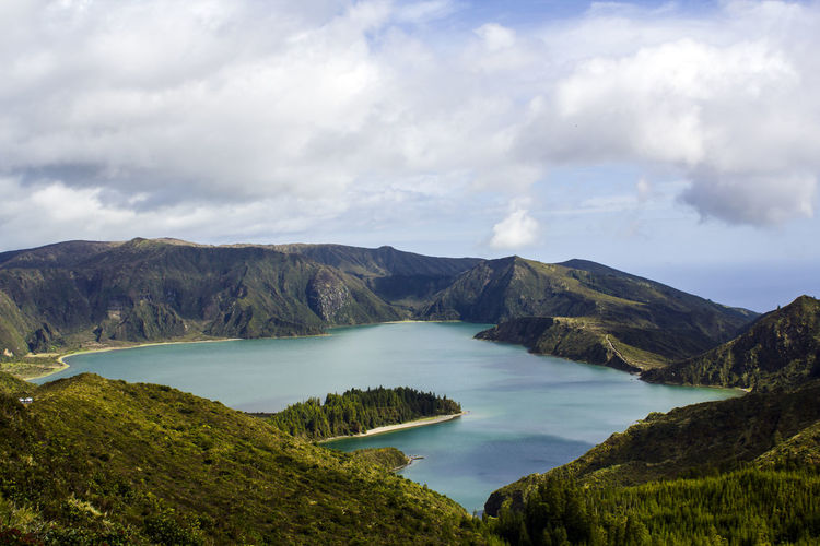 Volcanic lake landscape. fire lagoon in azores