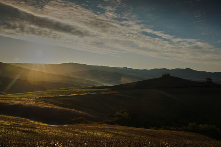 Scenic view of agricultural field against sky during sunset