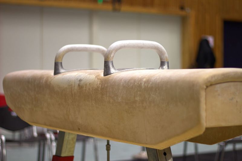 Close-up of pommel horse at gym