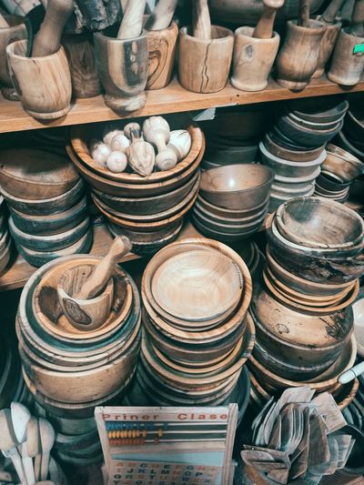 High angle view of bowls for sale at market