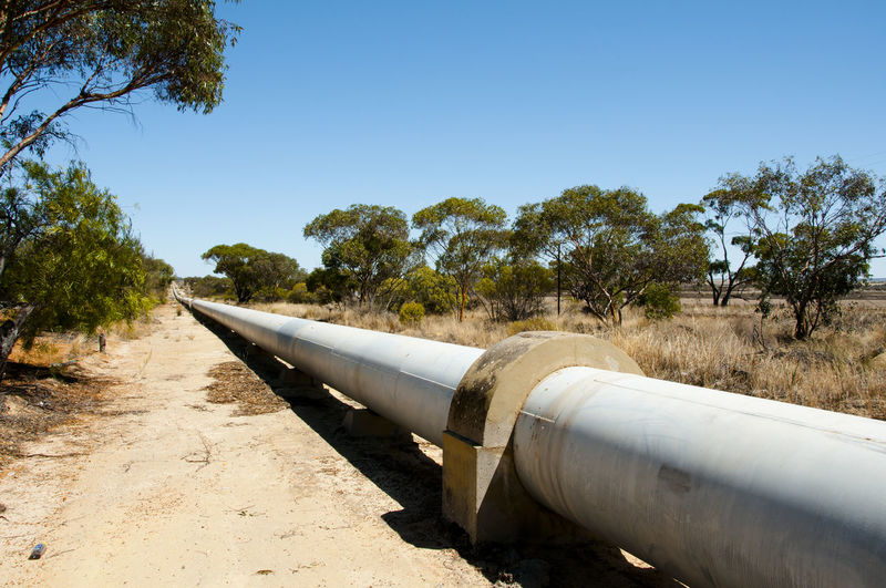 Pipeline on field against clear blue sky