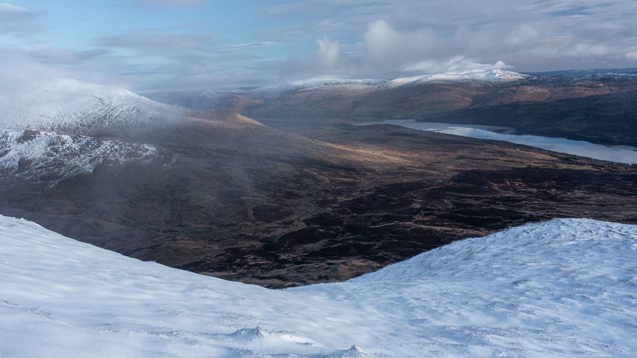 A winter view of loch tay, scotland, from snowy mountain top