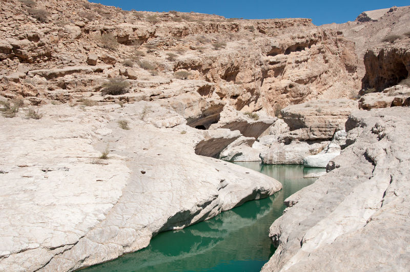 High angle view of stream amidst rock formations at wadi bani khalid