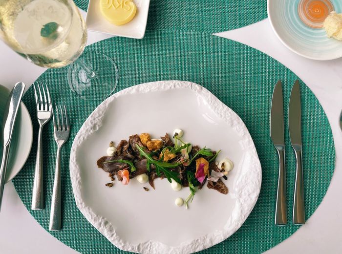 High angle view of food in plate on table