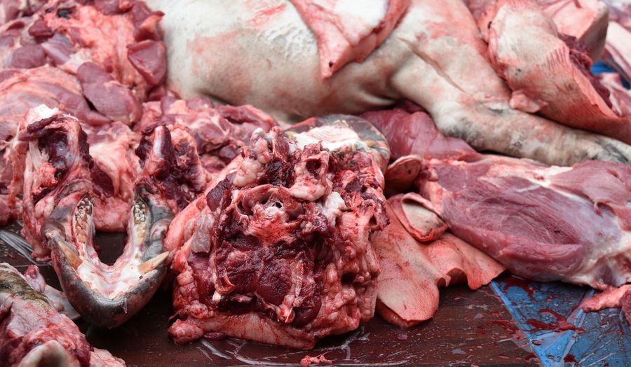 Close-up of pork for sale in market