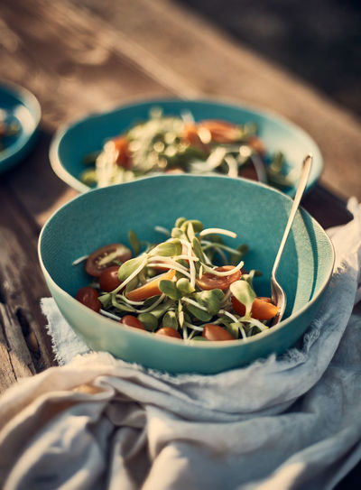 High angle view of food in bowl on table
