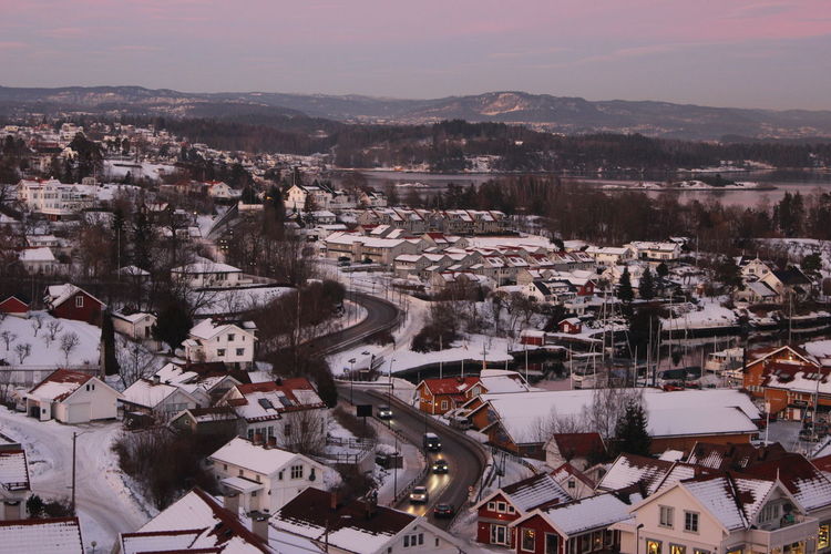 High angle view of cityscape in winter
