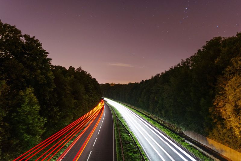 Light trails on road by trees against sky at night