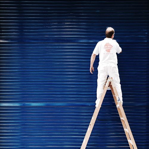 Rear view of man standing on ladder