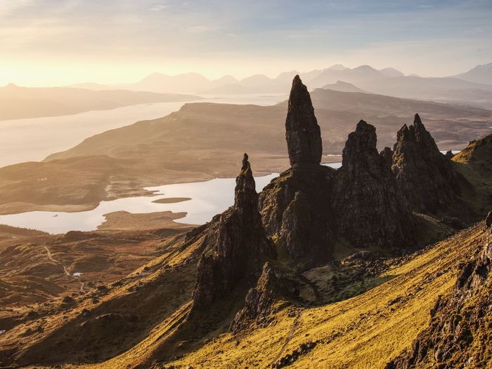 Sunrise at the old man of storr - amazing scenery with vivid colors. symbolic tourist attraction
