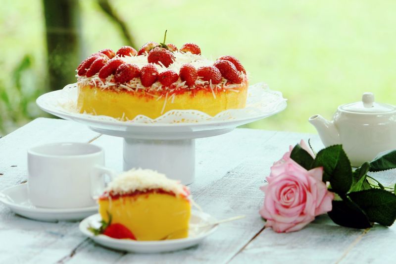 Close-up of strawberry cake on table