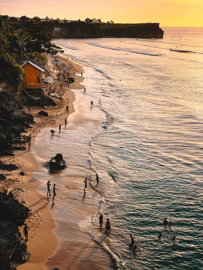 High angle view of beach at sunset