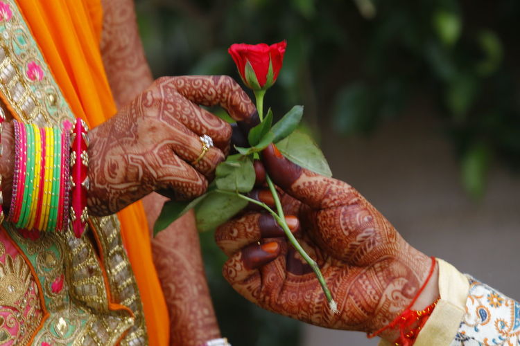 Cropped hand of groom giving rose to bride