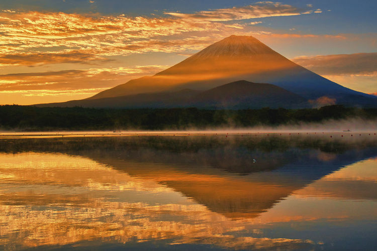 Reflection of mt fuji and clouds in lake during sunrise