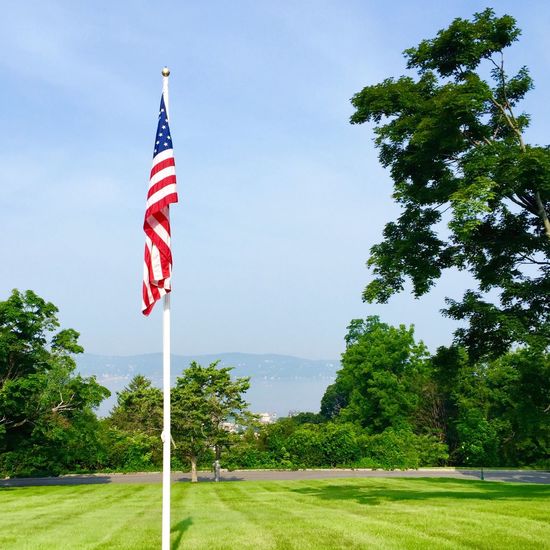 American flag on grassy field against sky