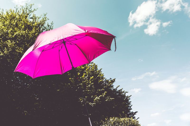 Low angle view of pink umbrella against sky