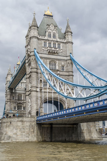 Low angle view of bridge over river against cloudy sky