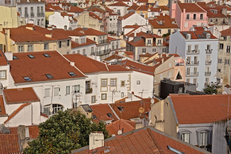 High angle view of houses in town