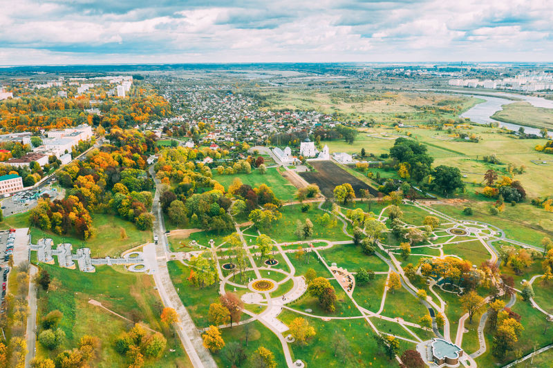 High angle view of townscape against sky