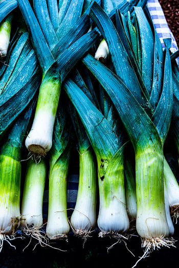 Green leeks vegetables on tabletop viewed from above at farmers market