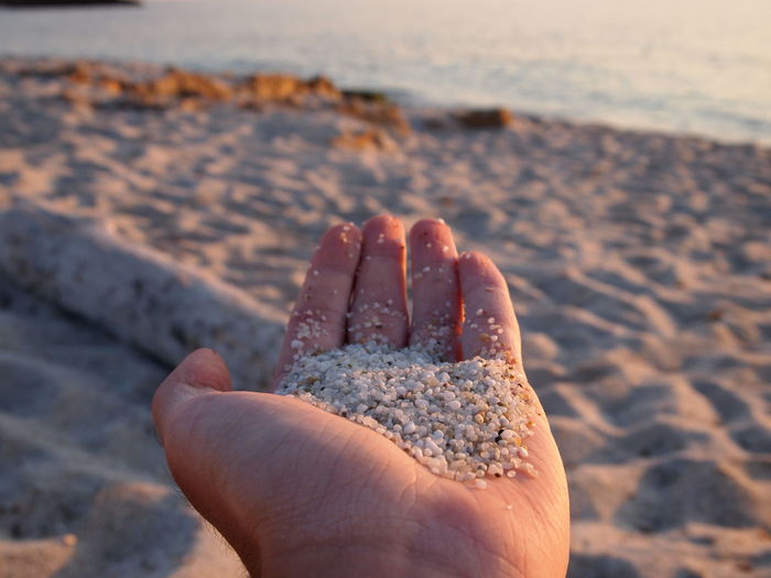 Cropped image of hand holding sand at beach