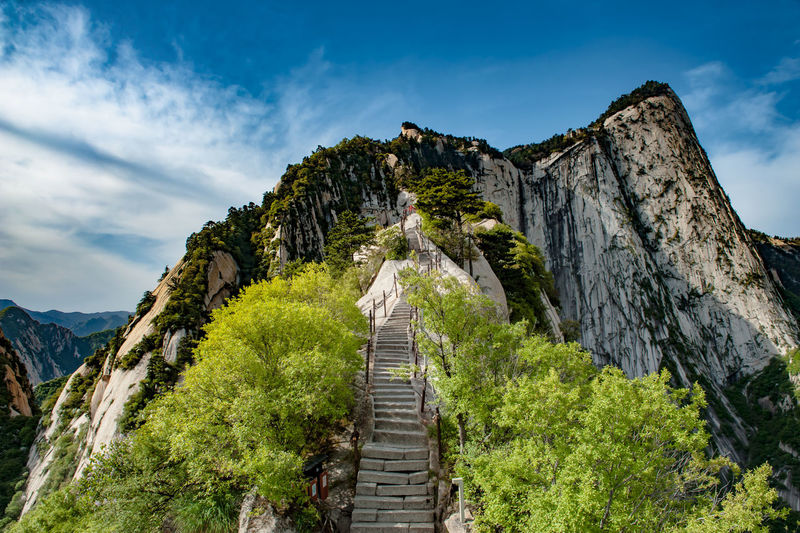 Low angle view of steps amidst mountains against sky