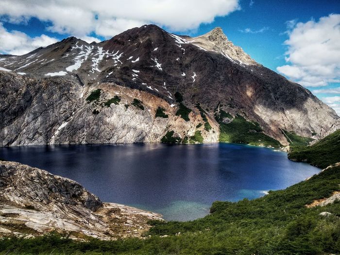 Scenic view of lake and mountains against sky