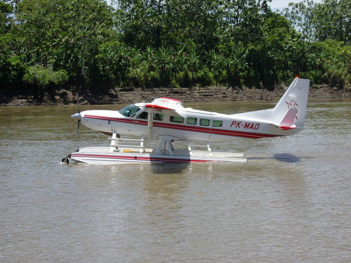 Side view of airplane on river against trees