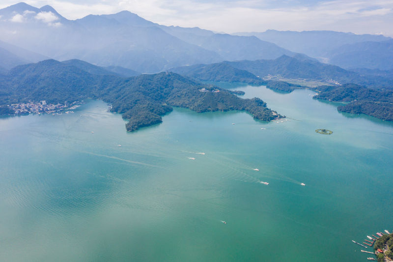 Aerial view of lake against mountain range